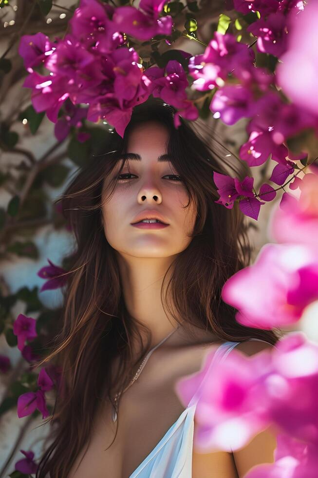 AI generated Blooming Elegance Spring Beauty Banner Featuring Woman Amidst Bougainvillea photo