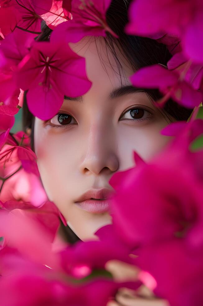 AI generated Blooming Elegance Spring Beauty Banner Featuring Woman Amidst Bougainvillea photo