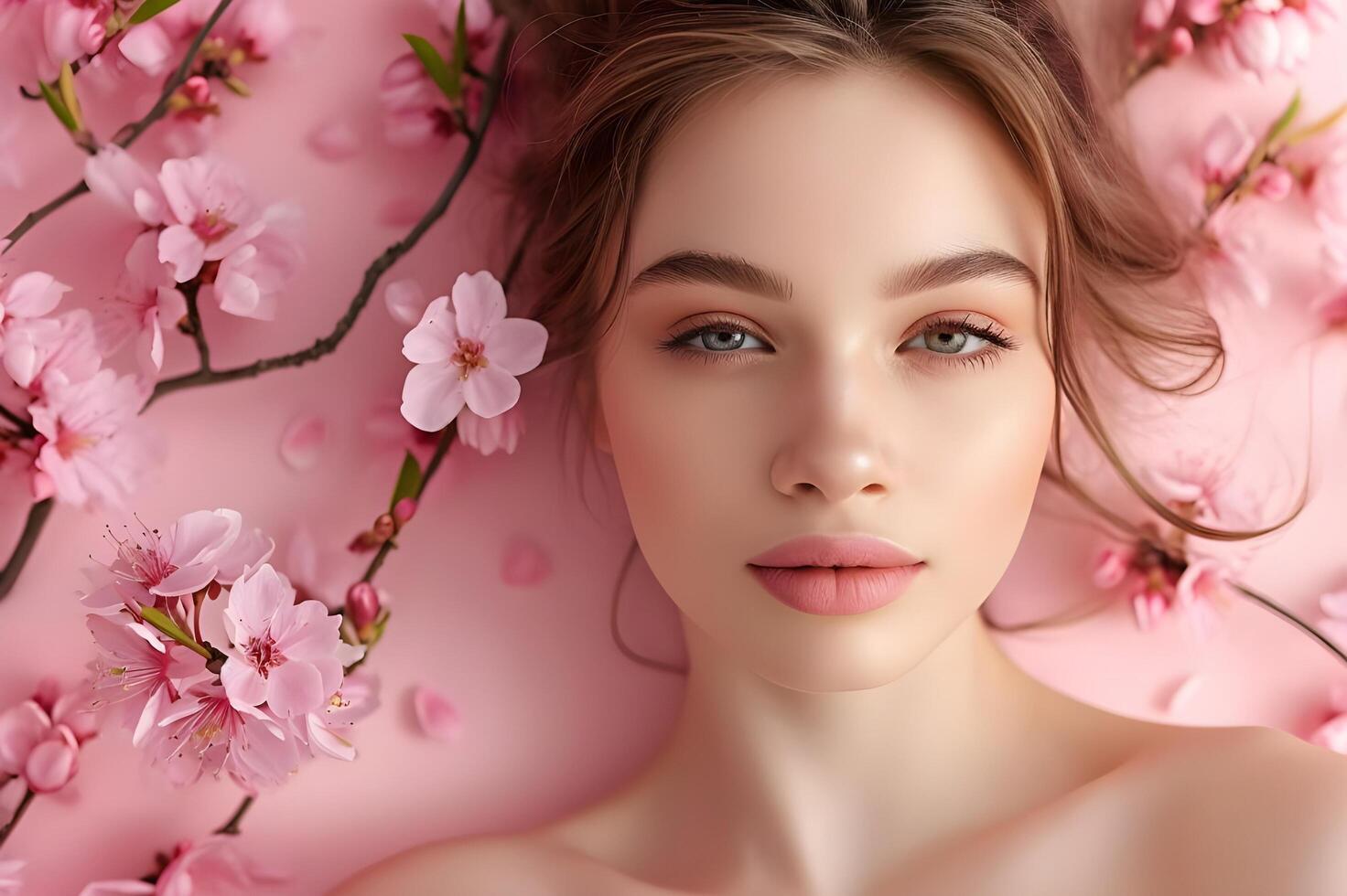 AI generated Spring Bloom Beauty Woman in Pastel Pink Floral Banner photo