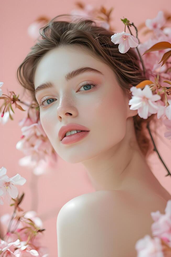 AI generated Spring Bloom Beauty Woman in Pastel Pink Floral Banner photo