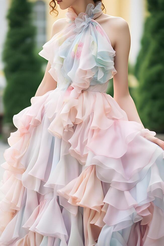 AI generated Springtime Soiree Wedding Guest Elegance in Woman's Floral Outfit photo