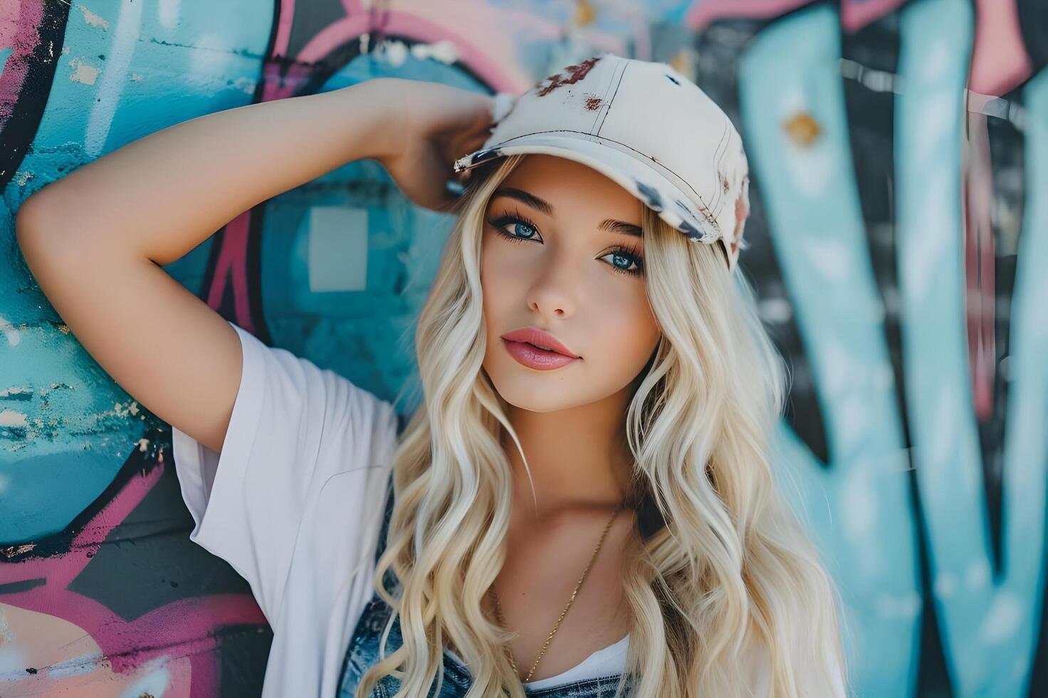 AI generated Urban Blossom Beautiful Girl's Spring Charm with Pastel Graffiti photo