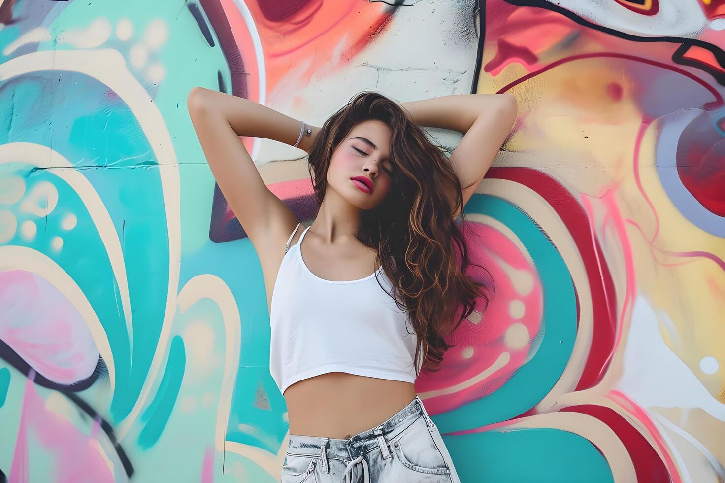 AI generated Urban Blossom Beautiful Girl's Spring Charm with Pastel Graffiti photo