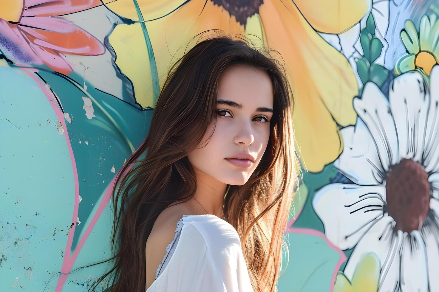 AI generated Urban Blossom Beautiful Girl's Spring Charm with Pastel Graffiti photo