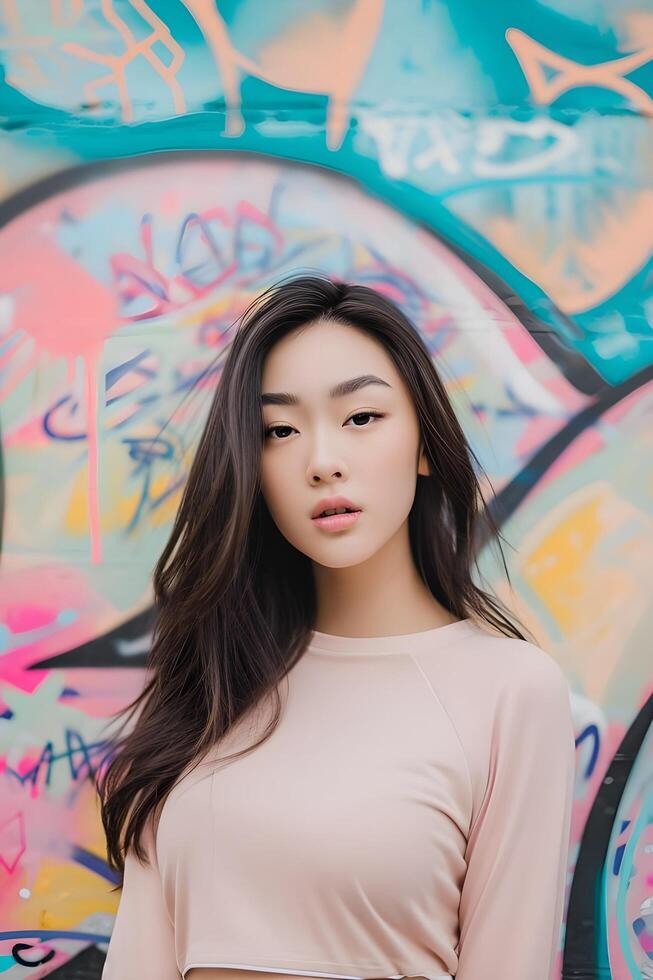 AI generated Pastel Street Art Elegance Beautiful Girl in a Spring Photoshoot photo
