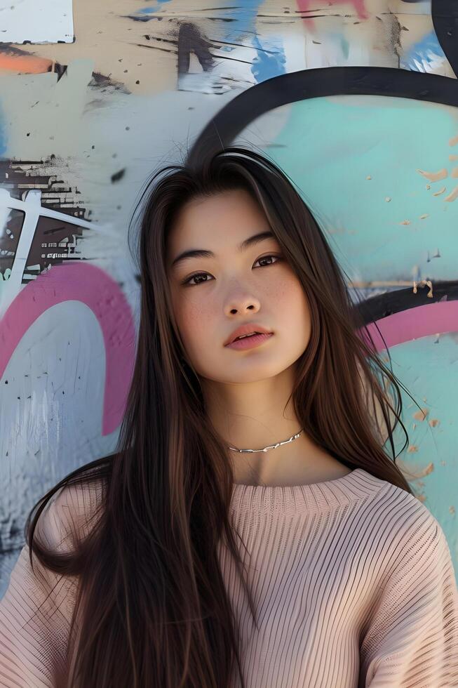 AI generated Pastel Street Art Elegance Beautiful Girl in a Spring Photoshoot photo