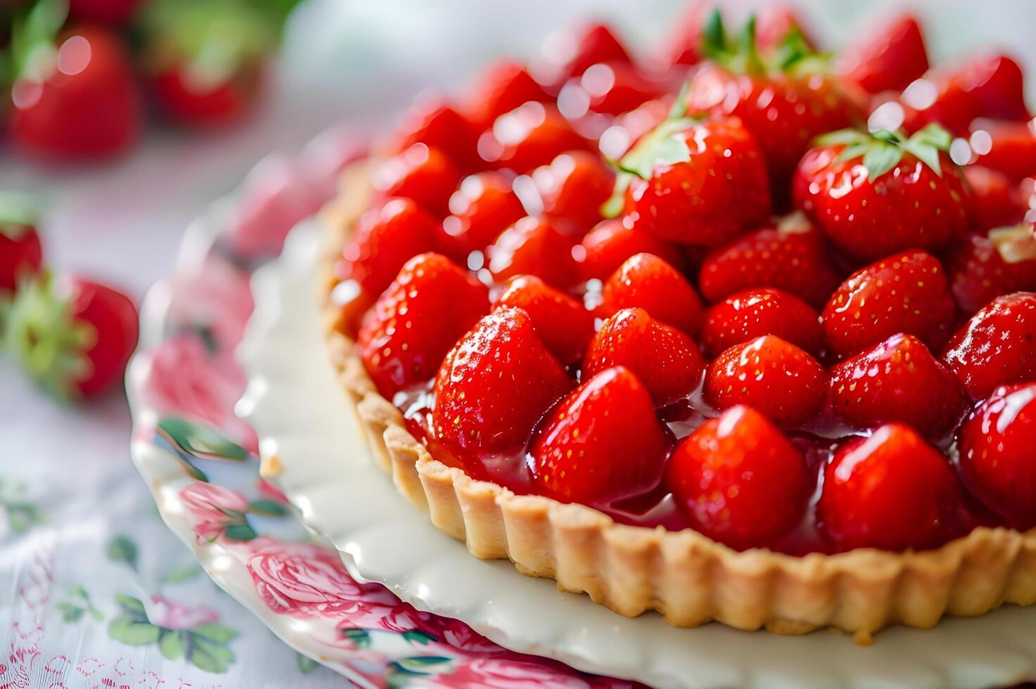 AI generated Spring Splendor Gleaming Strawberry Tart with a Glossy Glaze photo