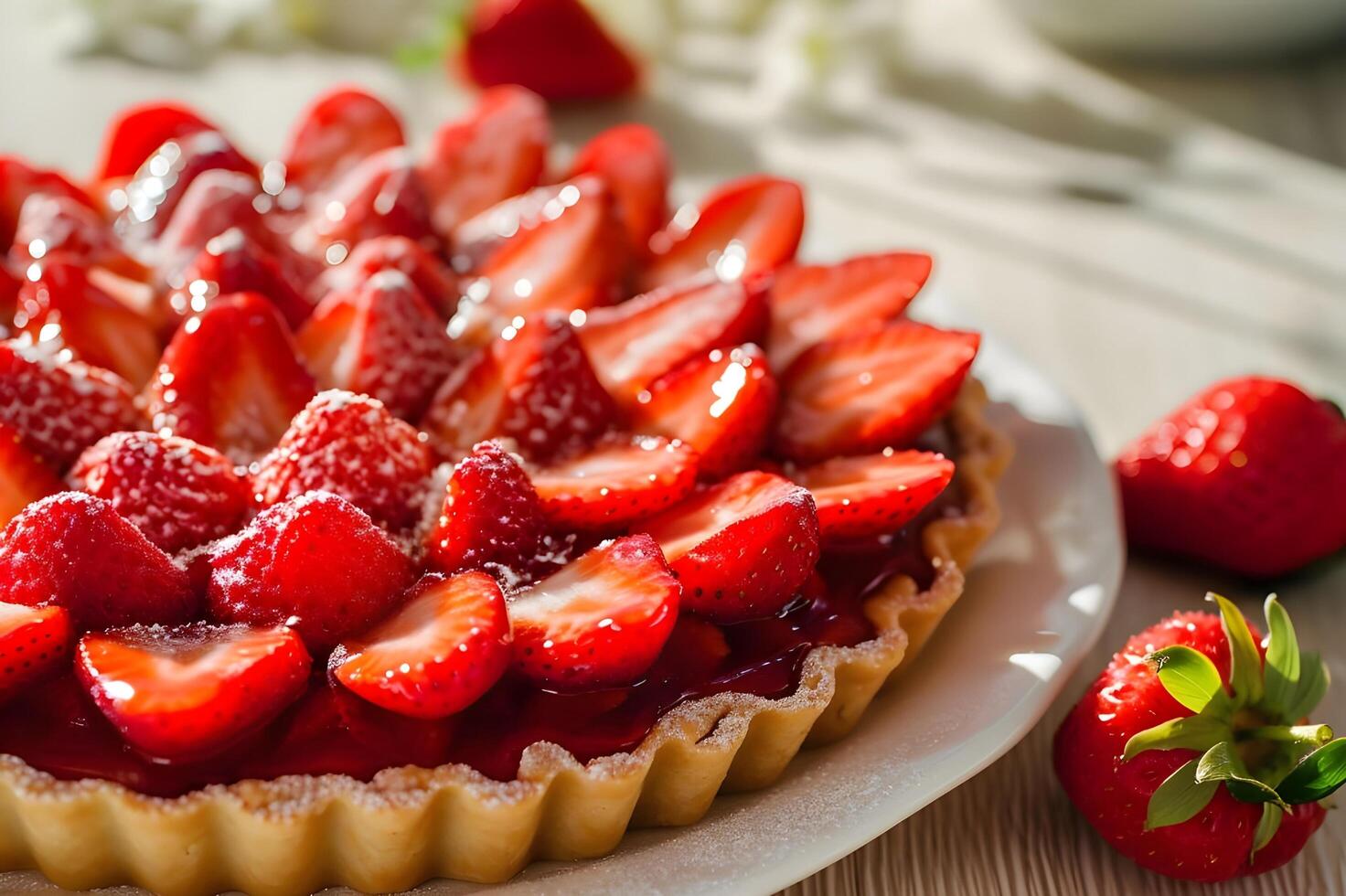 AI generated Spring Splendor Gleaming Strawberry Tart with a Glossy Glaze photo