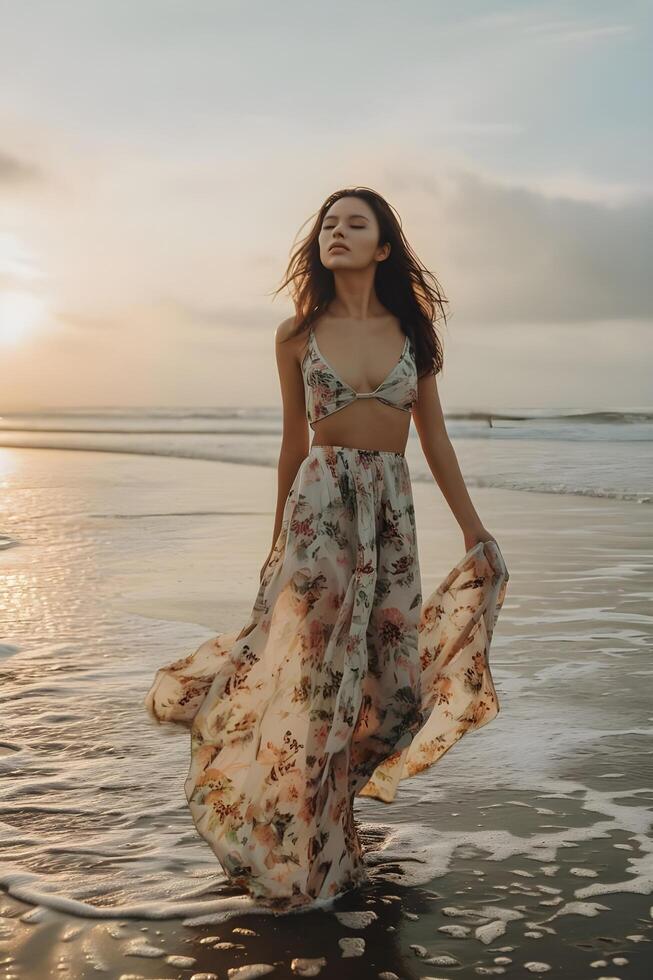 ai generado costero felicidad mujer floreciente por el playa en un En Vivo y naturaleza bandera foto