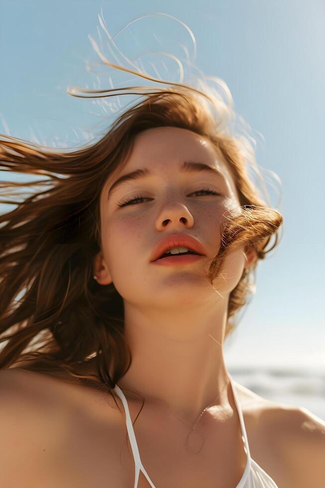 ai generado costero felicidad mujer floreciente por el playa en un En Vivo y naturaleza bandera foto