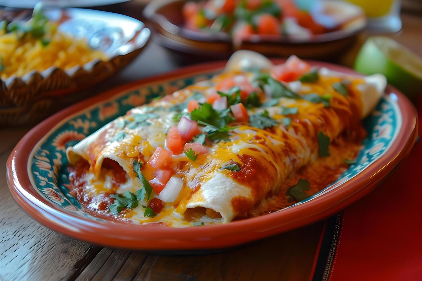 AI generated Enchanting Enchiladas A Fiesta on a Folk Ceramic Plate ...