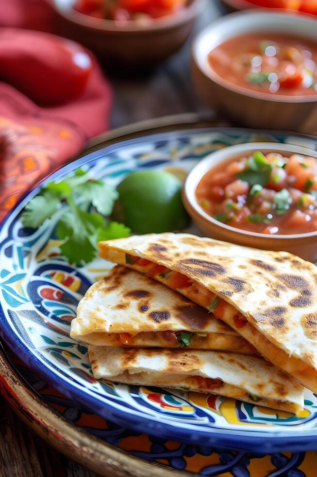 ai generado caseoso deleite quesadillas con salsa en un gente cerámico lona foto