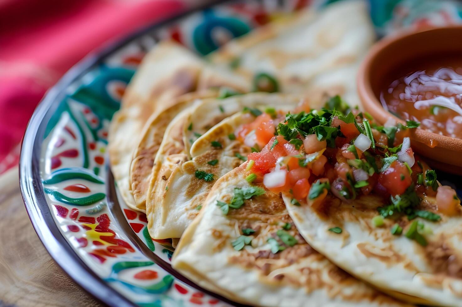 AI generated Cheesy Delight Quesadillas with Salsa on a Folk Ceramic Canvas photo