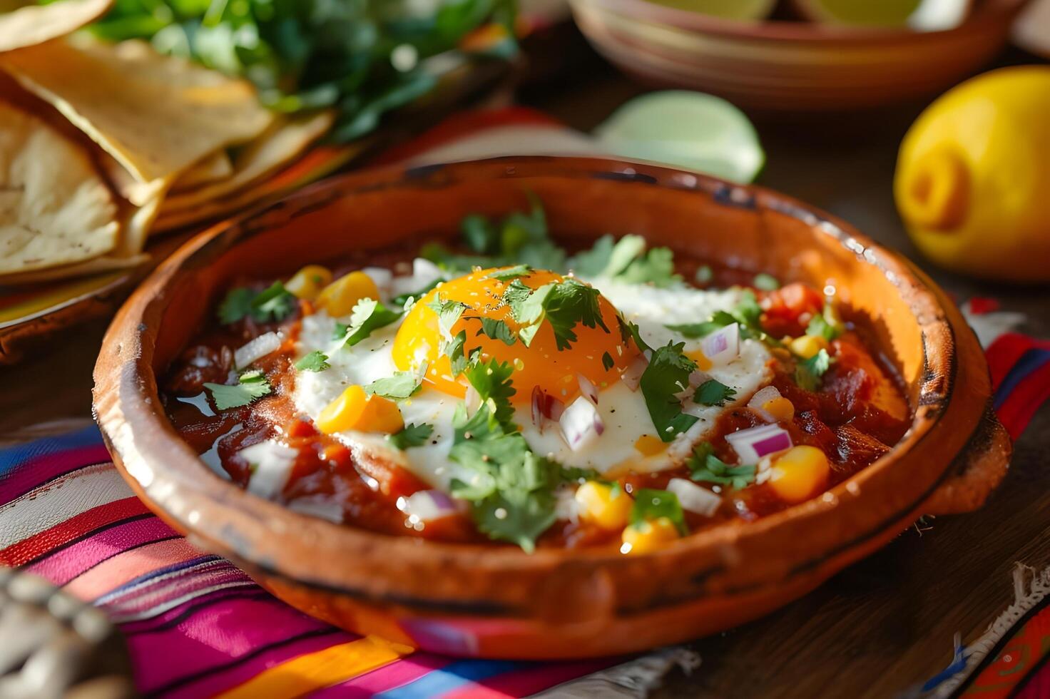 ai generado estilo rancho Mañana huevos rancheros en rústico terracota foto