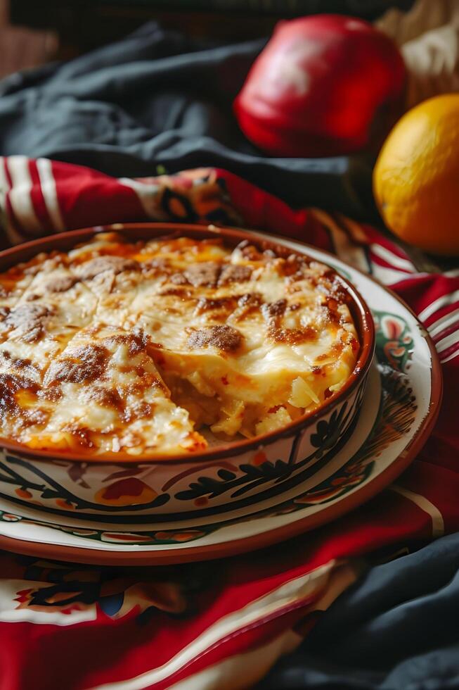 AI generated Southwestern Delight Tamale Pie on a Decorative Ceramic Plate photo