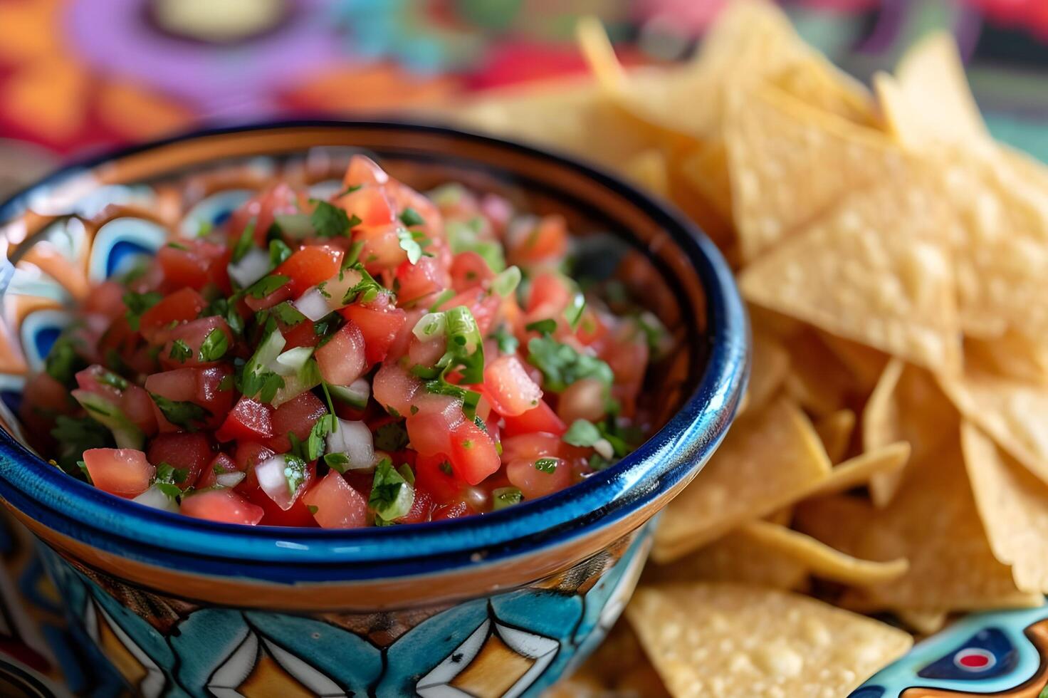 AI generated Salsa Sensation Chips and Salsa in a Vibrant Folk Ceramic Dish photo