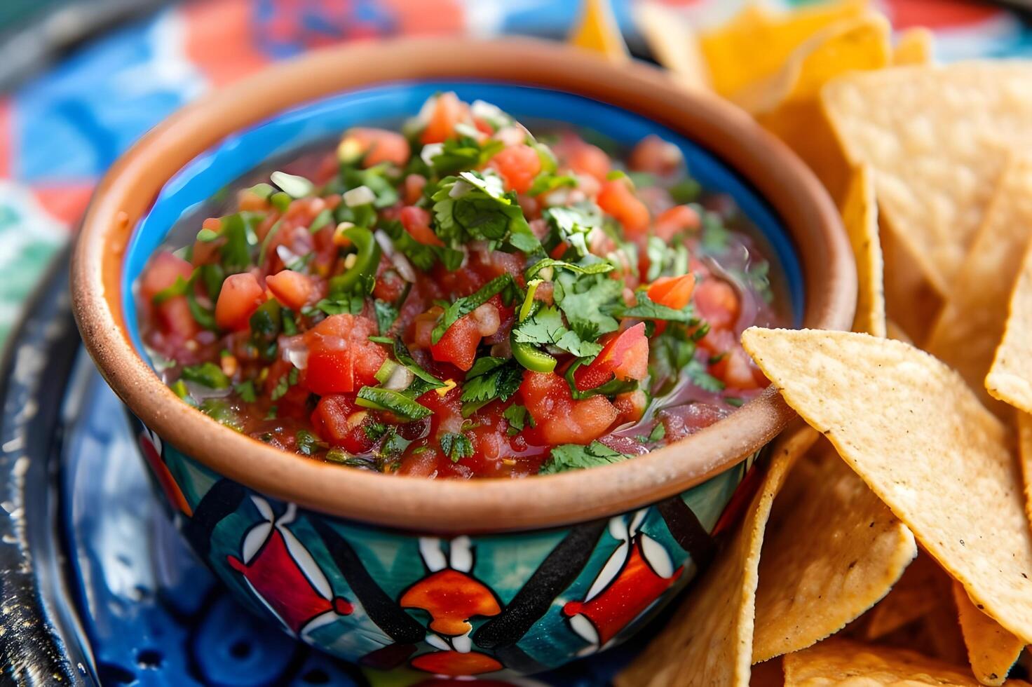 AI generated Salsa Sensation Chips and Salsa in a Vibrant Folk Ceramic Dish photo