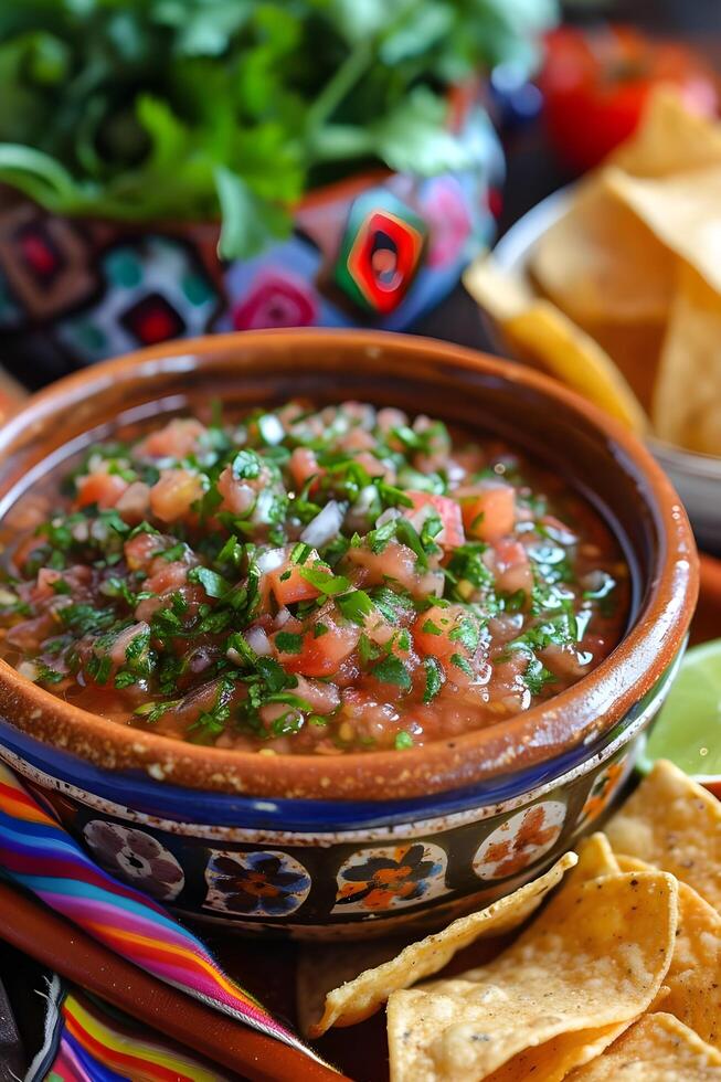 AI generated Salsa Sensation Chips and Salsa in a Vibrant Folk Ceramic Dish photo