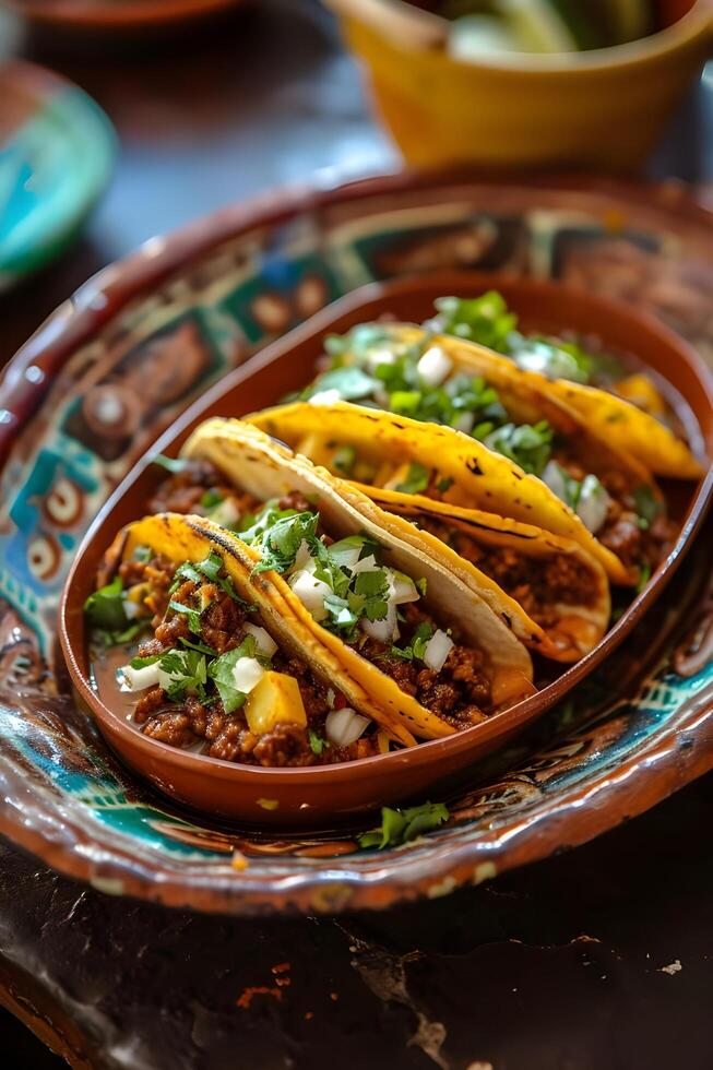 AI generated Taco Delight Birria Tacos on a Handcrafted Ceramic Dish photo