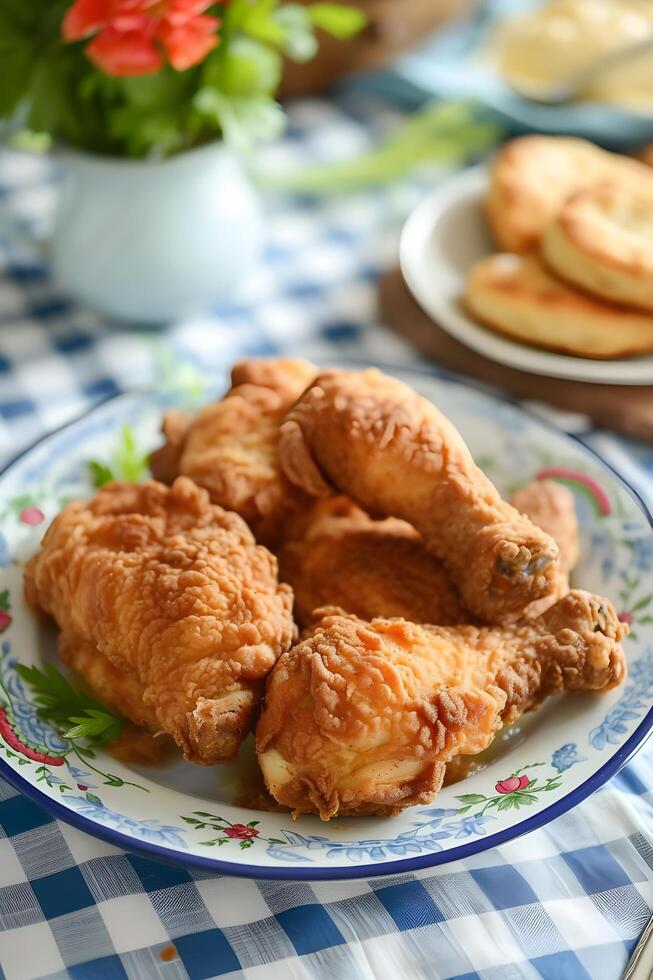 AI generated Southern Comfort Crispy Fried Chicken and Buttery Biscuits photo