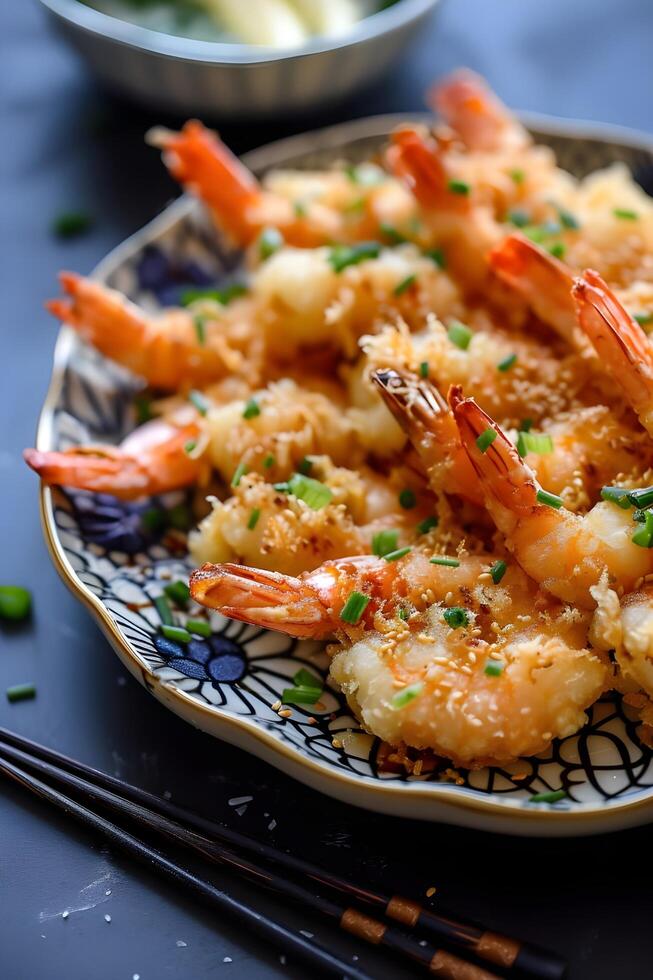 AI generated Crispy Perfection Tempura Shrimp on Folk-Patterned Platter photo