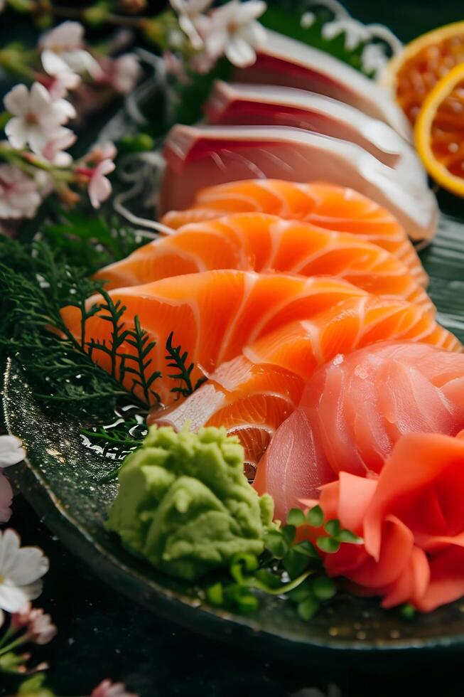 AI generated Japanese Culinary Artistry Folk Background with Sashimi Spotlight photo