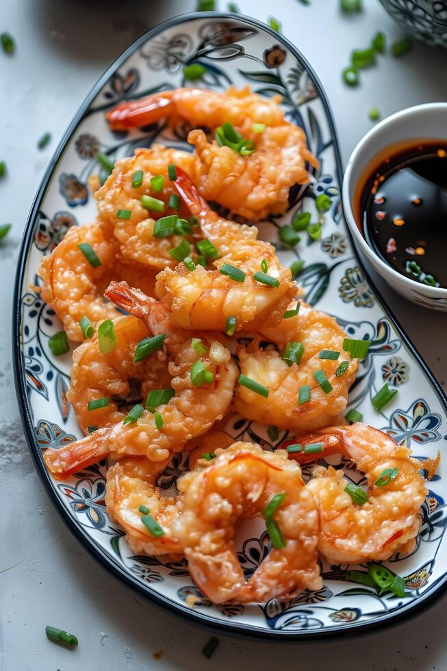 AI generated Crispy Perfection Tempura Shrimp on Folk-Patterned Platter photo