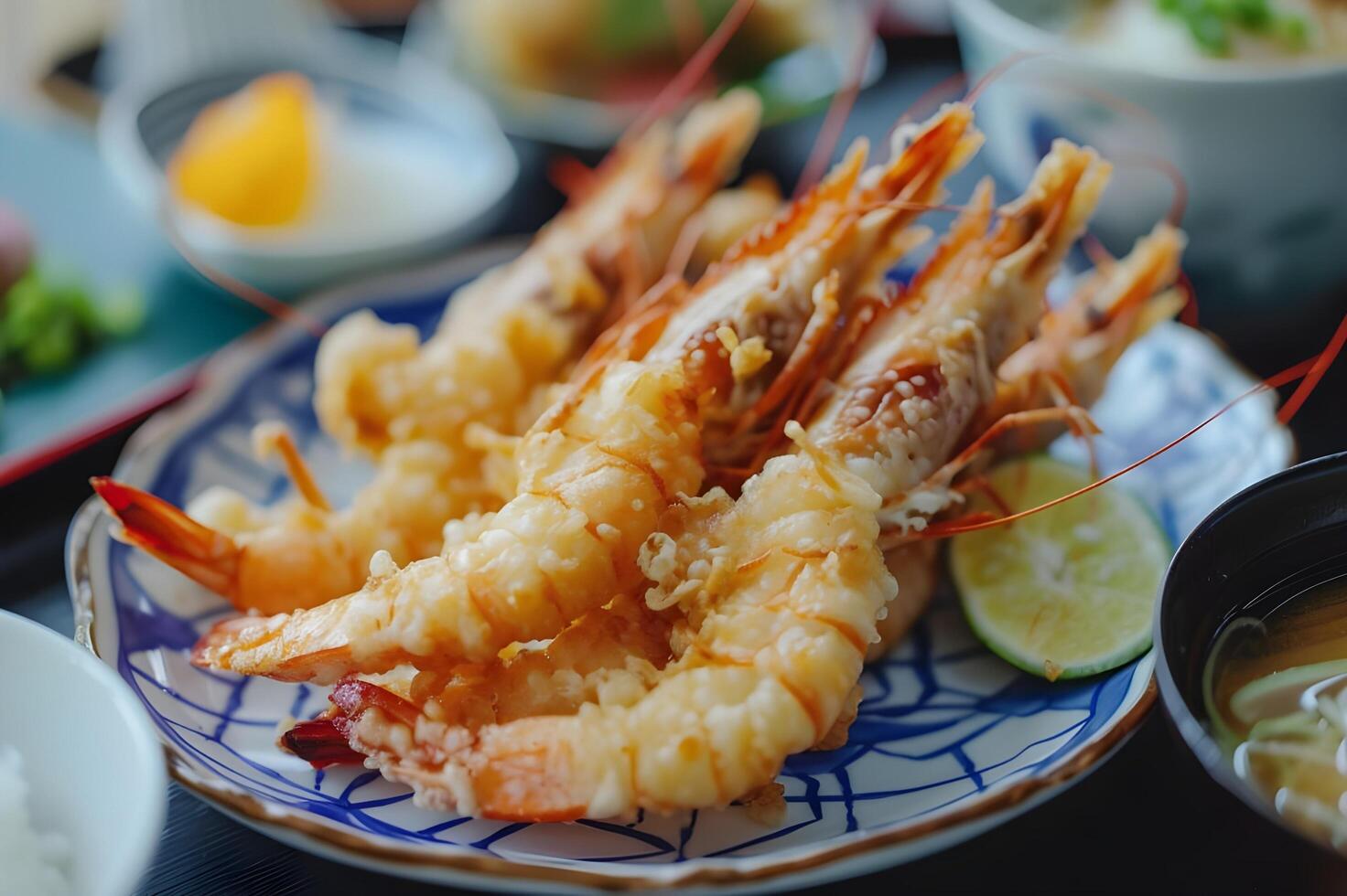 AI generated Crispy Perfection Tempura Shrimp on Folk-Patterned Platter photo