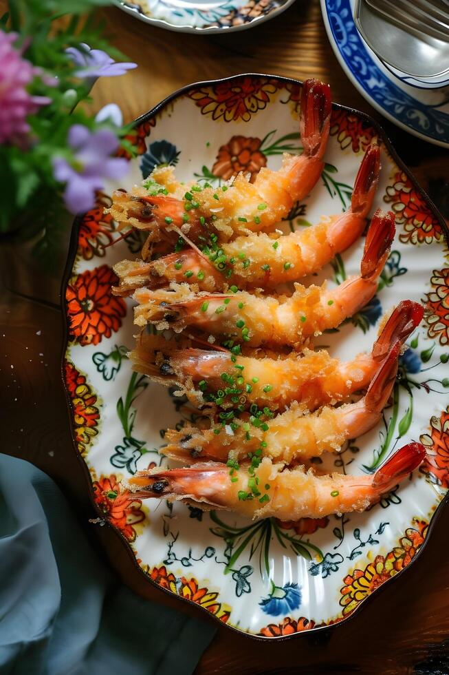 AI generated Crispy Perfection Tempura Shrimp on Folk-Patterned Platter photo