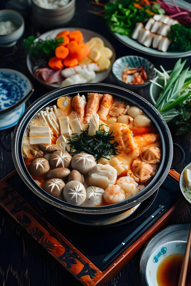AI generated Culinary Harmony Nabe Hot Pot on Stylish Folk Stove photo