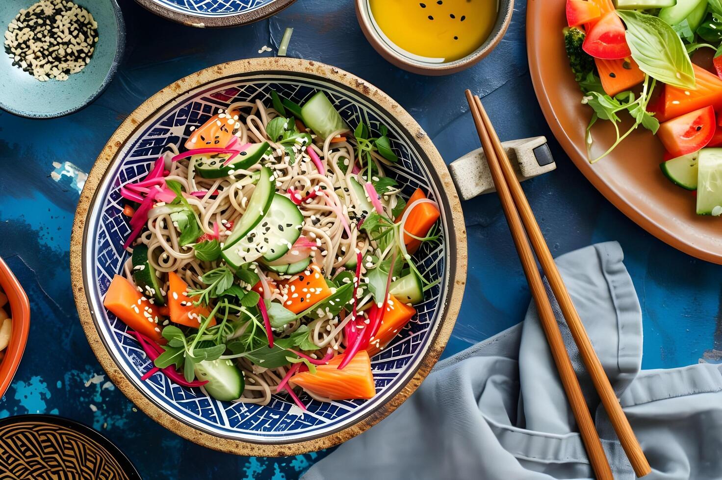 AI generated Folk Fusion Feast Soba Noodle Salad on Stylish Background photo