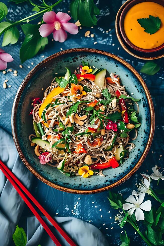 AI generated Folk Fusion Feast Soba Noodle Salad on Stylish Background photo