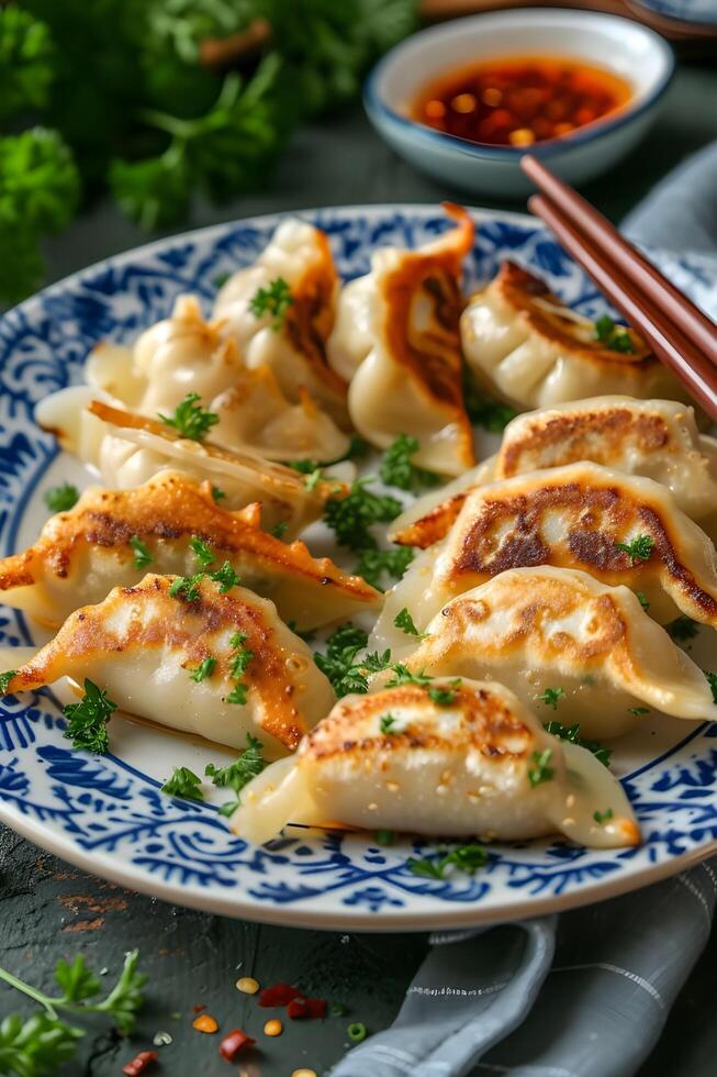 AI generated Folk Fusion Delight Gyoza Dumplings on Stylish Plate photo