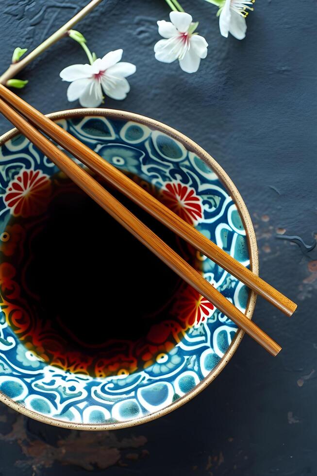 AI generated Savoring Flavor Folk-Patterned Dish with Soy Sauce Pour photo