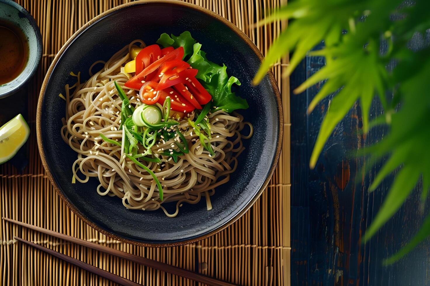 AI generated Folk Fusion Feast Soba Noodle Salad on Stylish Background photo