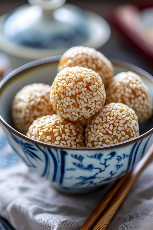 AI generated Folk Fusion Delight Goma Dango in Folk-Patterned Dish photo