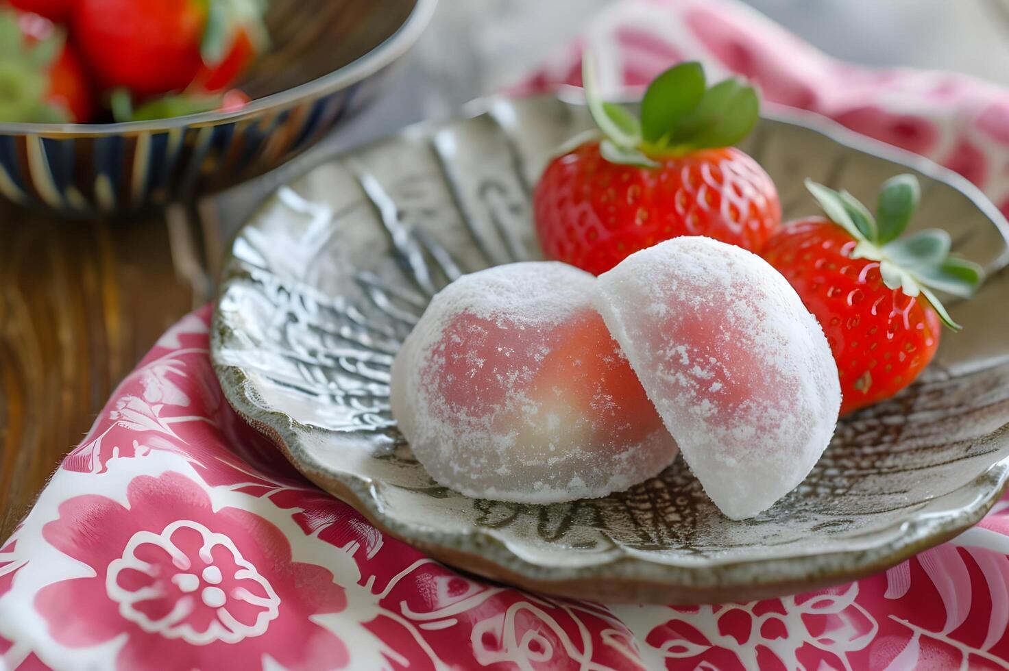 AI generated Folk Fusion Delight Ichigo Daifuku on Folk Napkin photo