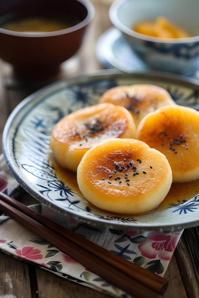 AI generated Farmcore Fusion Apple and Sweet Potato Dorayaki on Folk Cloth photo