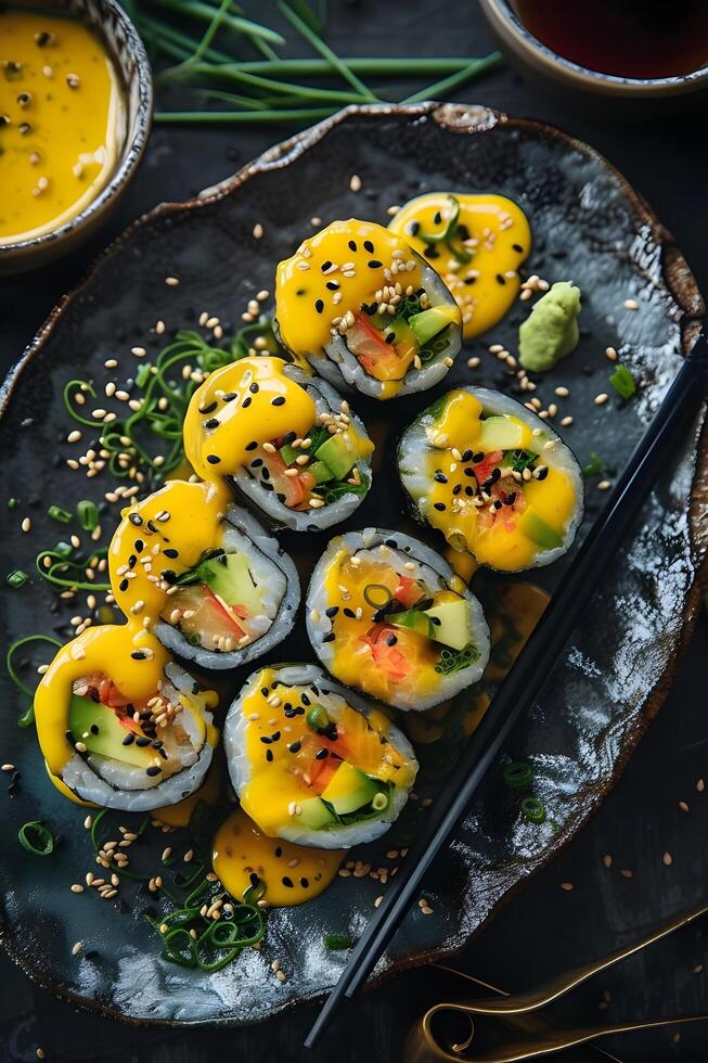 ai generado nikkei fusión Arte saboreando Sushi rollos con aji amarillo alioli foto