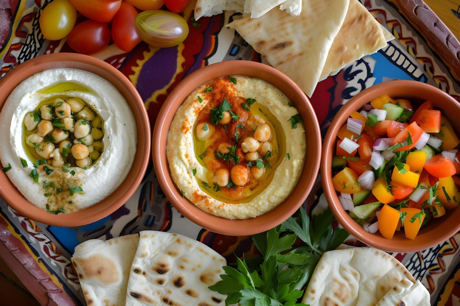 AI generated Meze Magic Hummus Trio Platter with Folk-Patterned Bowls photo