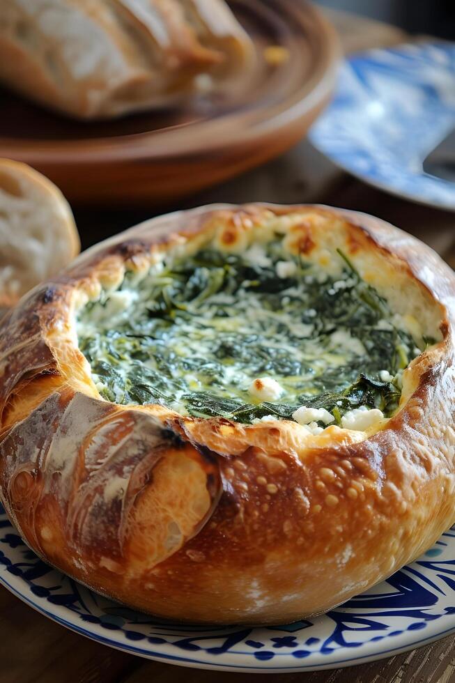 AI generated Meze Marvel Spinach and Feta Dip in Folk-Patterned Bread Bowl photo