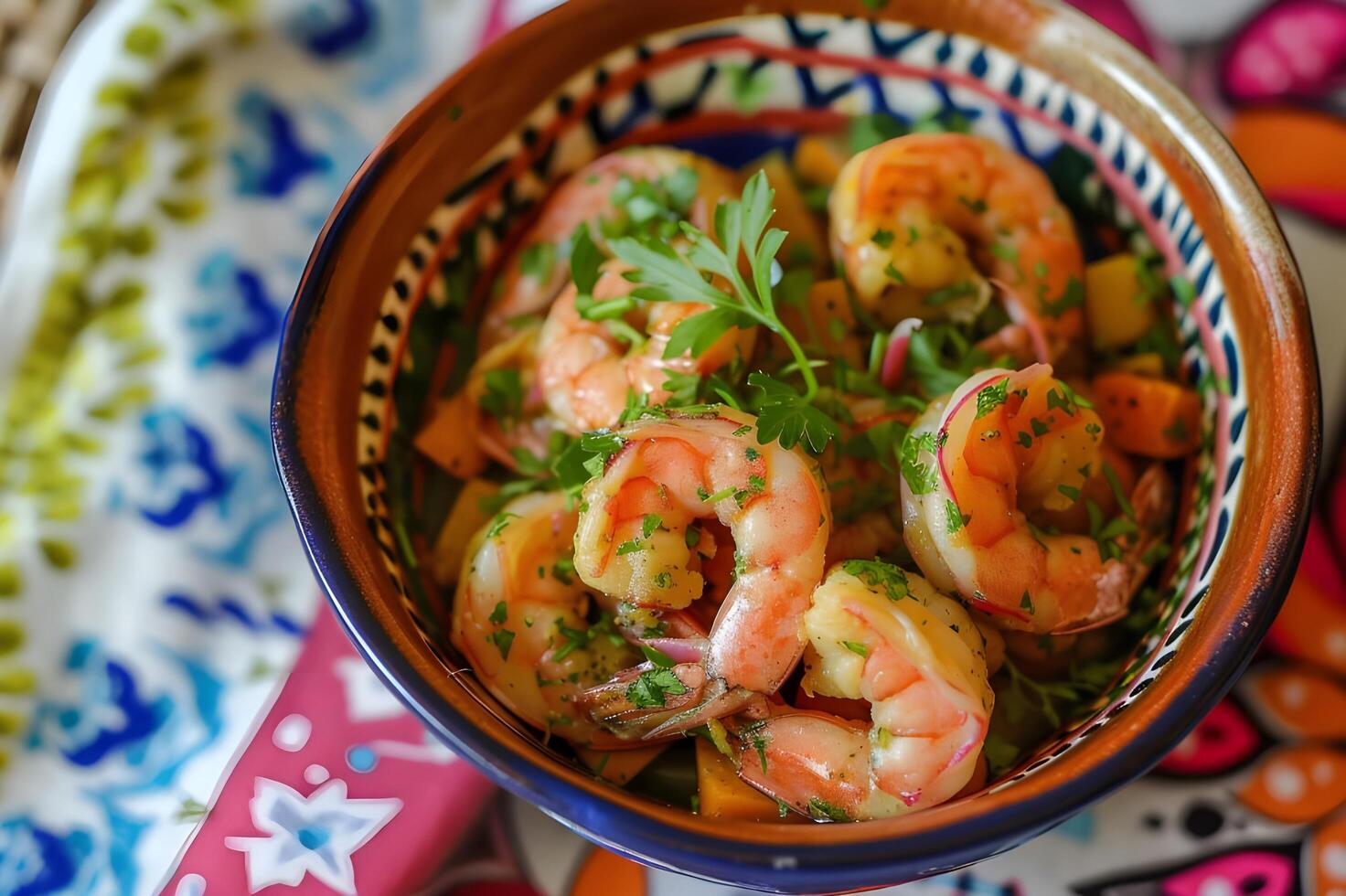 AI generated Delectable Brazilian Shrimp Bobo Served in Folk-Patterned Bowl photo