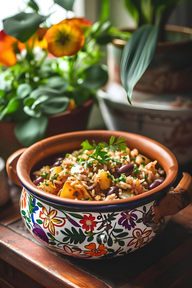 AI generated Culinary Tradition Baiao de Dois in a Folk-Styled Cookware photo