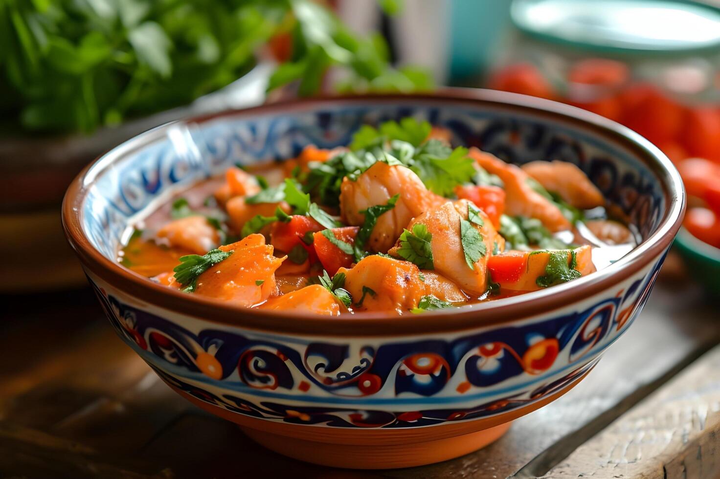 AI generated Delectable Brazilian Shrimp Bobo Served in Folk-Patterned Bowl photo