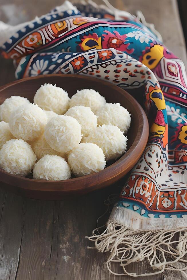 AI generated Sweet Elegance Beijinho Coconut Truffles on a Folk-Patterned Tablecloth photo