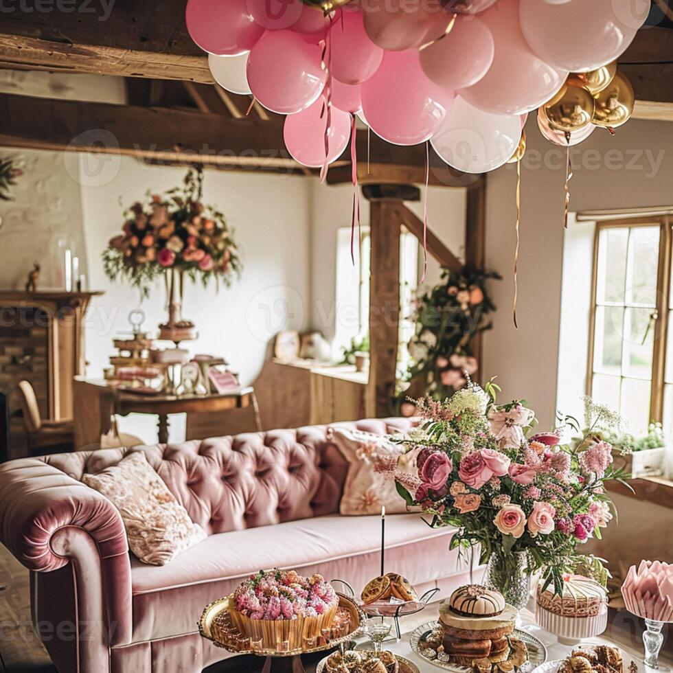 ai generado cumpleaños paisaje de mesa o caramelo bar con dulces, cumpleaños pastel y pastelitos, hermosa fiesta celebracion foto