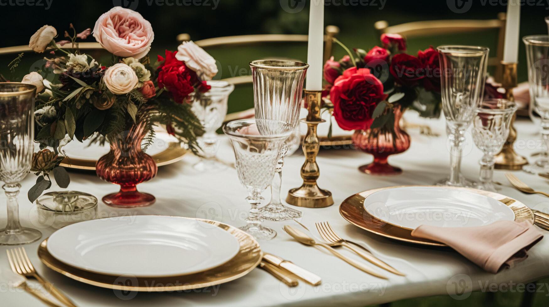 AI generated Wedding and event celebration tablescape with flowers, formal dinner table setting with roses and wine, elegant floral table decor for dinner party and holiday decoration, home styling photo