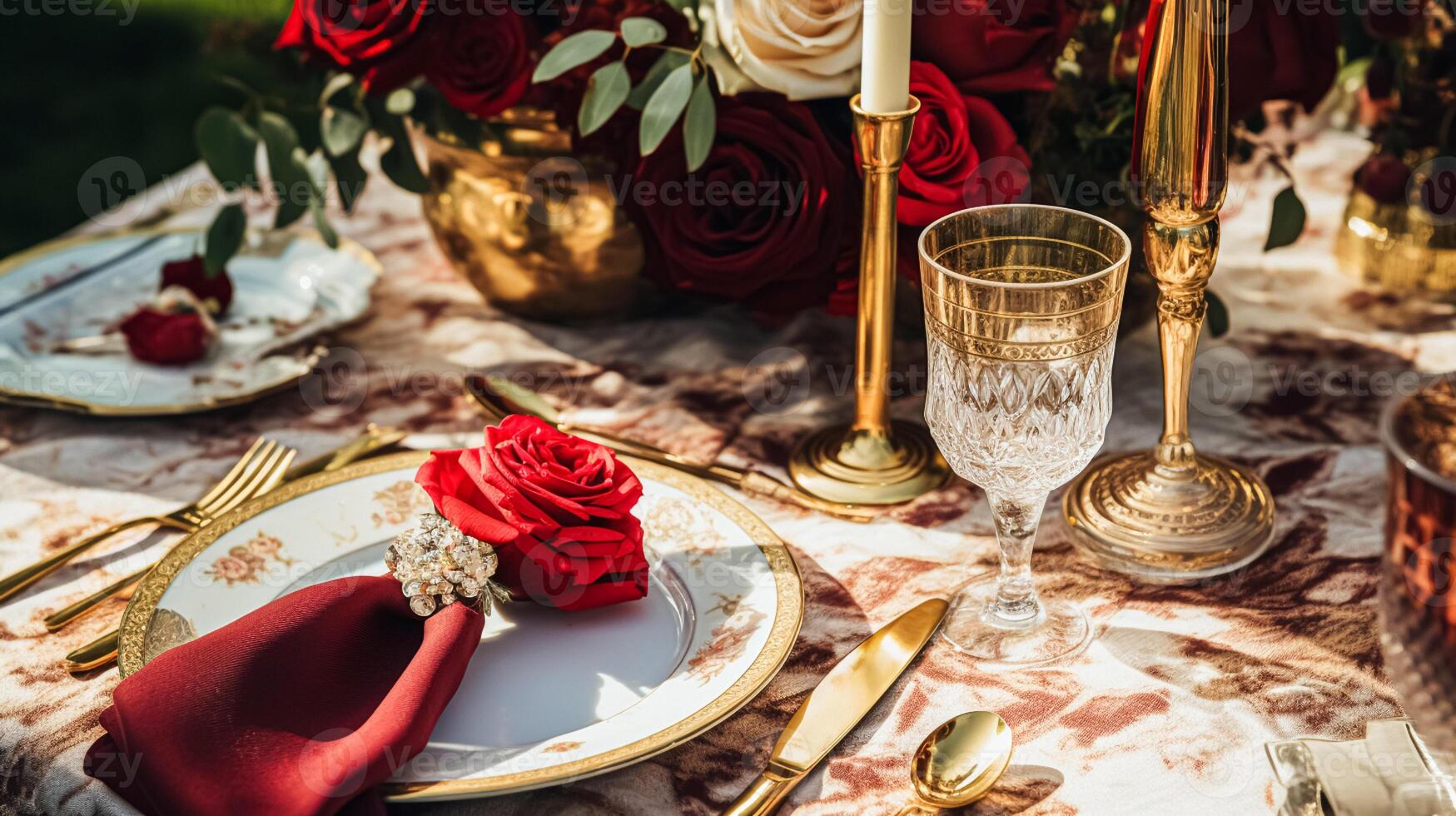 AI generated Wedding and event celebration tablescape with flowers, formal dinner table setting with roses and wine, elegant floral table decor for dinner party and holiday decoration, home styling photo