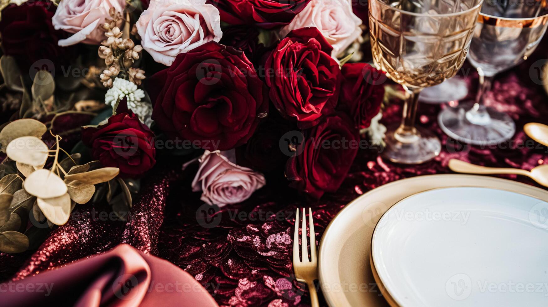 AI generated Wedding and event celebration tablescape with flowers, formal dinner table setting with roses and wine, elegant floral table decor for dinner party and holiday decoration, home styling photo