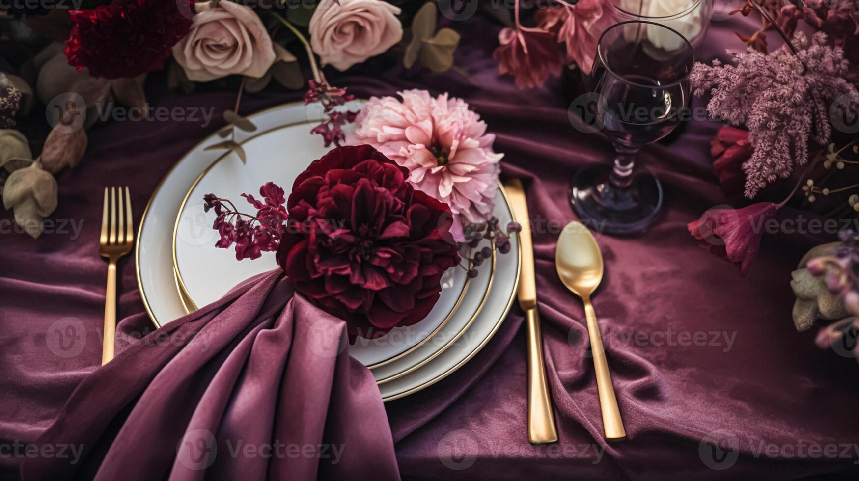 AI generated Dinner table setting in the warm glow of candlelight, tablescape featuring floral centerpiece, elegant burgundy glassware, and luxurious gold cutlery photo